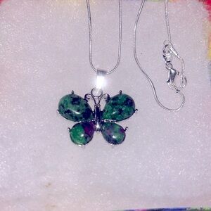 Boho hippie Ruby in Zoisite Crystal Butterfly Sterling Silver 16” Necklace